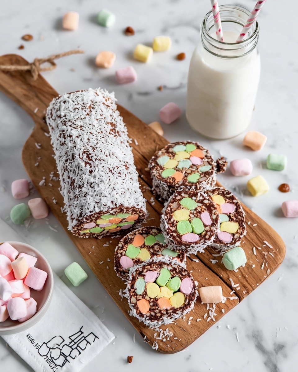 A wooden board on a white marbled surface holds a chocolate roll covered in shredded white coconut, with four round slices arranged around it. Each slice reveals inside a mosaic of small pastel-colored marshmallows in green, yellow, pink, and orange, all mixed in a dark chocolate base speckled with nuts. Scattered mini marshmallows in the same pastel colors, coconut flakes, and small nut pieces surround the board. A white napkin with a simple black design sits to the side, and a glass bottle filled with milk and striped straws is visible in the background. photo taken with an iphone --ar 4:5 --v 7