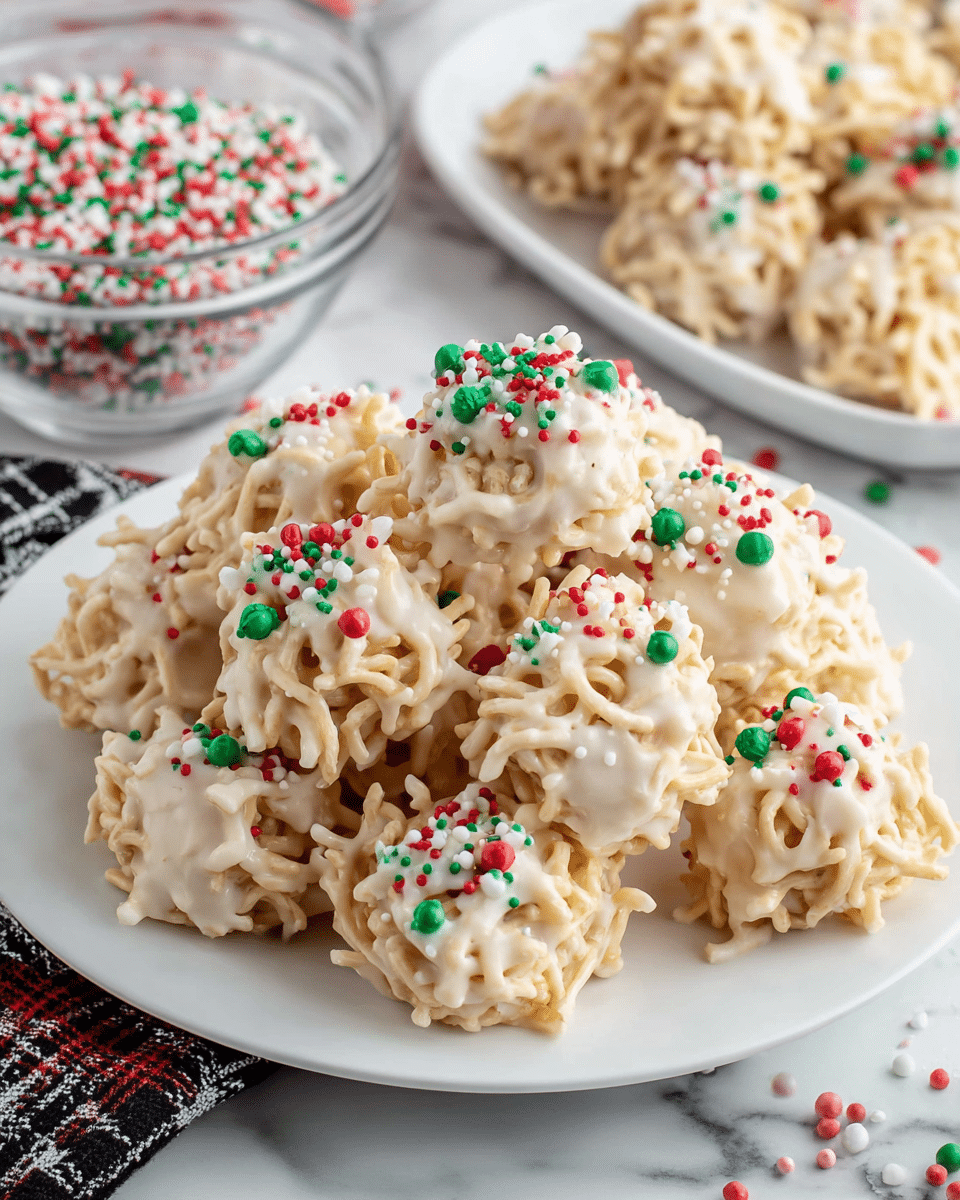 A white plate piled with round clusters made of light beige chow mein noodles coated in thick white chocolate, each cluster decorated with small red, green, and white round sprinkles scattered on top; in the background, there are clear glass bowls filled with more chow mein noodles and sprinkles, all set on a white marbled surface with a black and white patterned cloth in the corner. Photo taken with an iphone --ar 4:5 --v 7