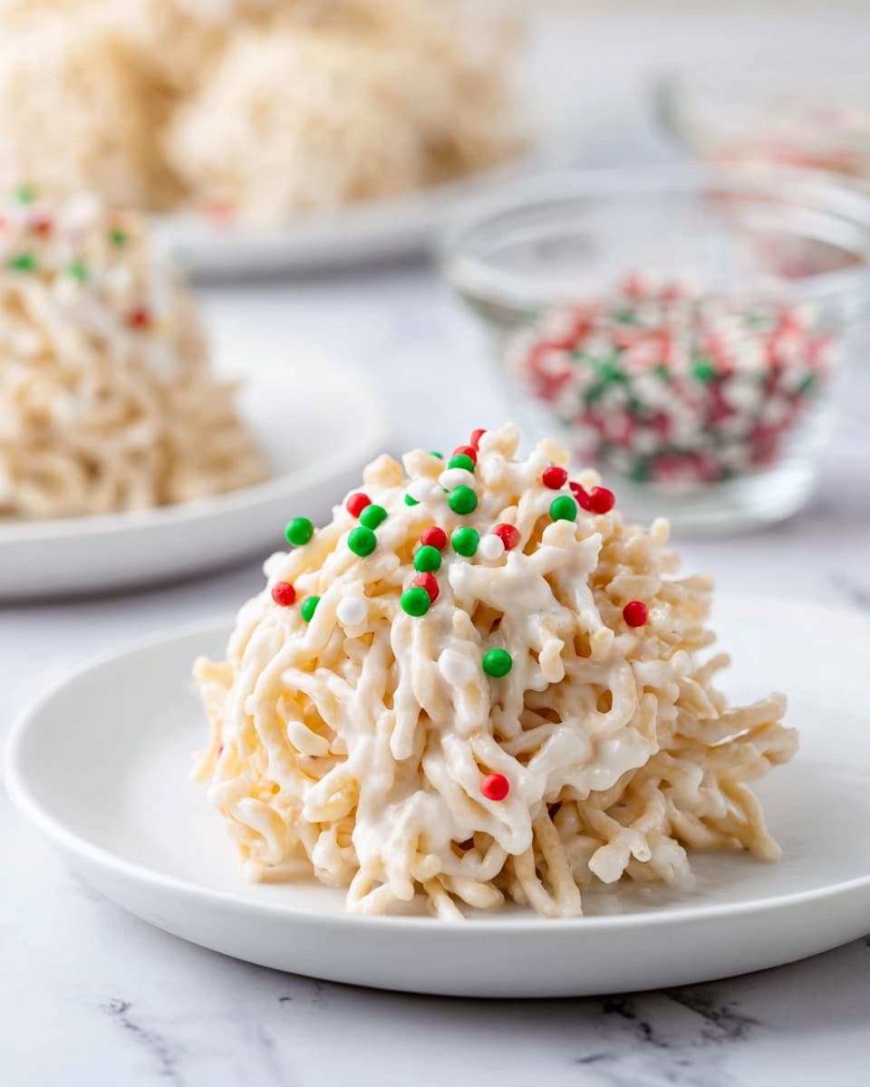 A single mound of light beige chow mein noodles coated in a creamy white frosting-like layer sits on a white plate, topped with small round red, green, and white sprinkles evenly scattered across its textured surface. The noodles create an irregular, slightly spiky shape with some sticks protruding outward. In the background, more of these clusters sit on another white plate, with blurred clear bowls holding more noodles and sprinkles placed against a white marbled surface. photo taken with an iphone --ar 4:5 --v 7