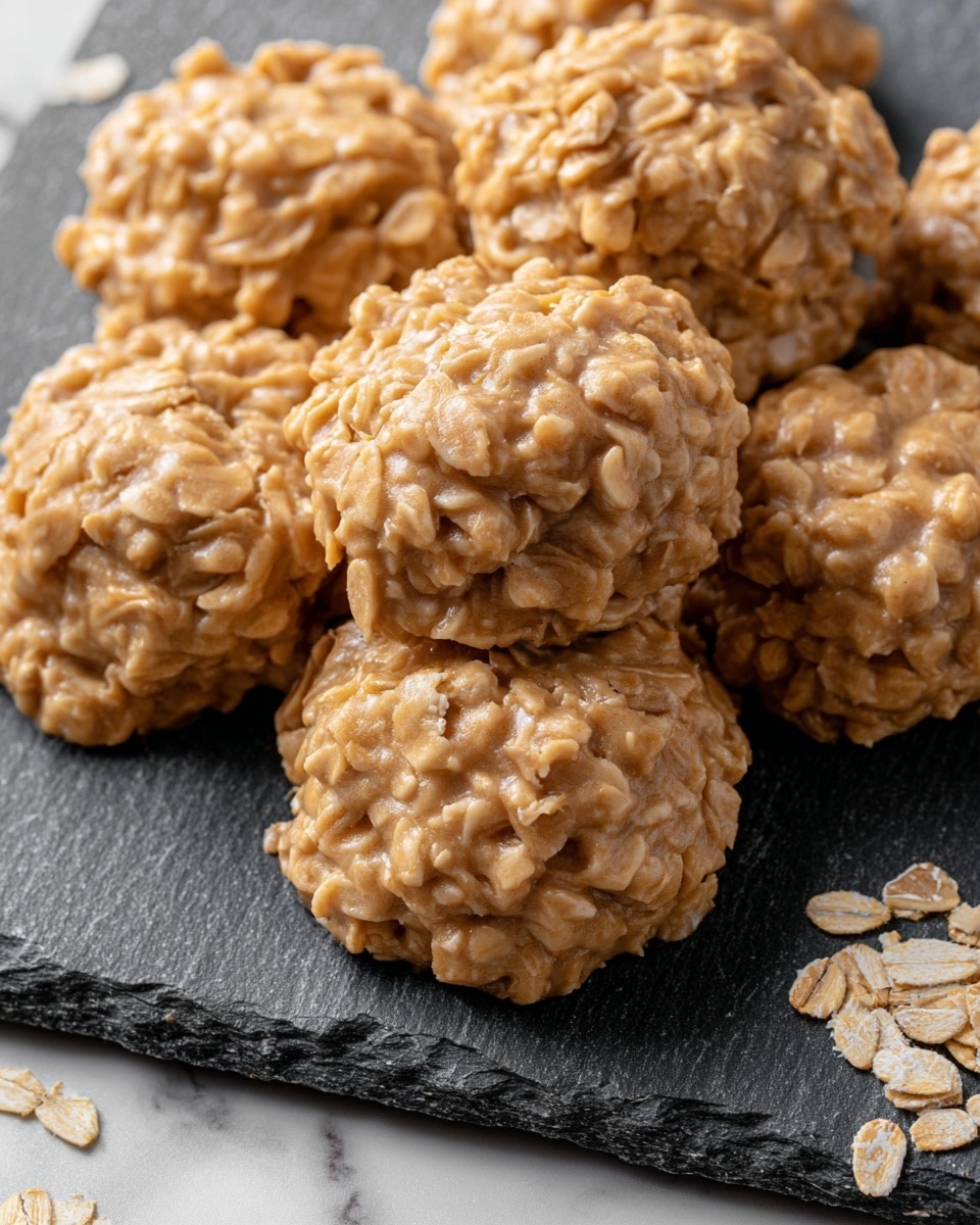 A close-up view of several oatmeal no-bake cookies piled on a rough, dark slate board, each cookie showing a soft, lumpy texture with visible oats embedded in the light brown, smooth dough-like mixture. A few oat flakes are scattered beneath the slate on a white marbled surface. The cookies are clustered together, emphasizing their thick, rounded shapes and slightly uneven surfaces. photo taken with an iphone --ar 4:5 --v 7