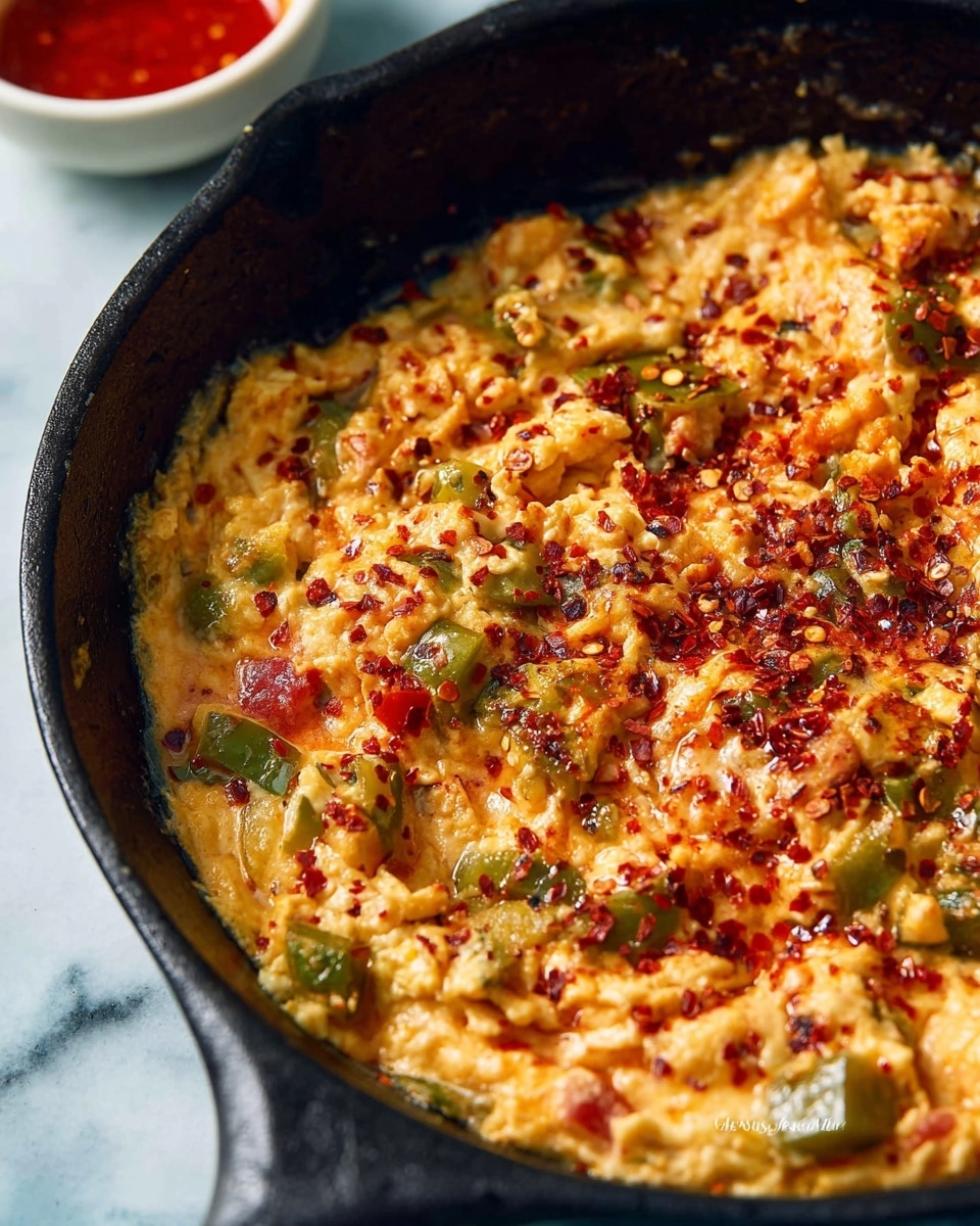 A close-up view of a cooked dish in a black cast iron pan showing a mix of scrambled eggs with visible small pieces of green bell pepper and red tomato. The surface has a slightly creamy texture with areas of melted cheese or sauce, and is sprinkled with red chili flakes that add a speckled red contrast over the creamy yellow and green colors. The background shows a white bowl with red sauce, all placed on a white marbled surface. photo taken with an iphone --ar 4:5 --v 7
