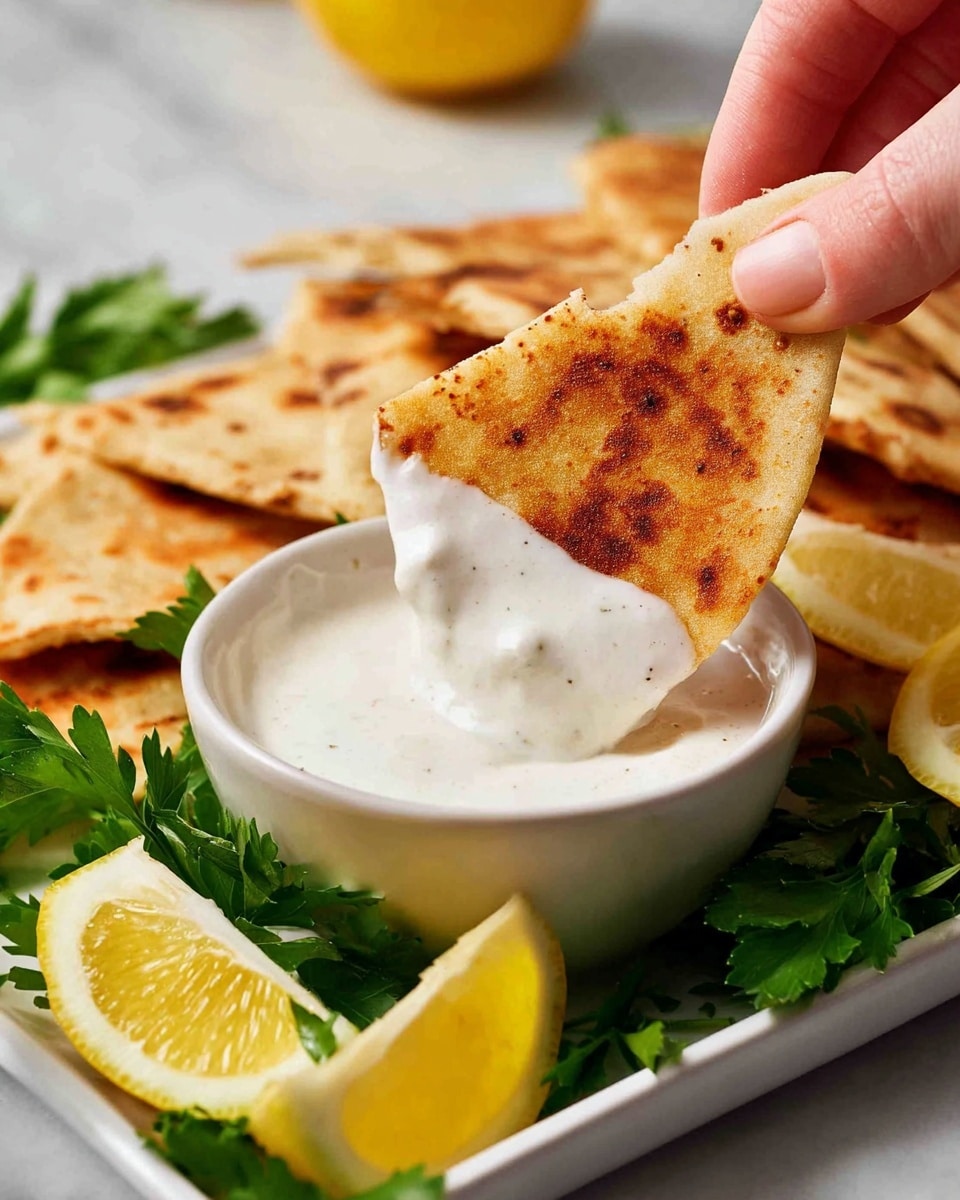 A close-up shows a woman's hand dipping a warm, golden-brown pita bread triangle into a small white bowl filled with creamy white sauce. The pita bread has a slightly crispy texture with specks of darker toasted spots. The bowl sits on a white rectangular plate, surrounded by fresh green parsley leaves and bright yellow lemon wedges with visible juicy pulp. In the soft background, more pita pieces are arranged on the plate against a white marbled surface. Photo taken with an iphone --ar 4:5 --v 7