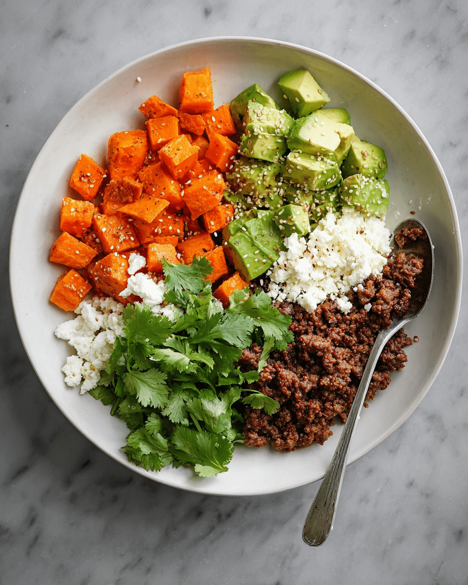 A white round plate holds a colorful dish divided into four main sections. In the top left section, there are small cubes of bright orange cooked sweet potato with a soft texture. Next to it, in the top right section, are chunky pieces of green avocado sprinkled with sesame seeds and topped with fresh cilantro leaves. The bottom left section shows a pile of cooked ground meat, dark brown and crumbly, garnished with a few cilantro sprigs. The bottom right section features white crumbly cheese with a light drizzle of red chili oil and a small cilantro bunch on top. A silver spoon rests inside the plate near the cheese section, all placed on a white marbled surface. Photo taken with an iphone --ar 4:5 --v 7