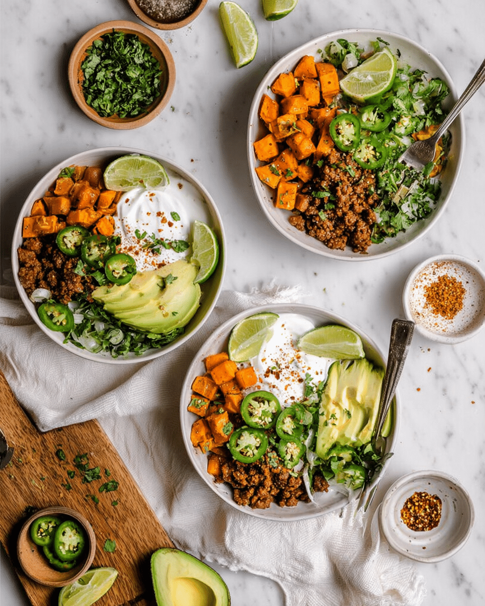 A white bowl with a beige rim contains four main sections: bright orange roasted sweet potato cubes on the top left, seasoned brown ground beef sprinkled with green chopped herbs on the bottom left, fresh green avocado slices and jalapeño rings on the top right, and a creamy white cottage cheese topped with chopped herbs, a drizzle of orange sauce, and a wedge of lime on the far right. A silver spoon rests inside the bowl on the right side. The bowl is placed on a light wooden board, all set on a white marbled surface. Nearby are another similar bowl and a glass of water with lime slices. Photo taken with an iphone --ar 4:5 --v 7