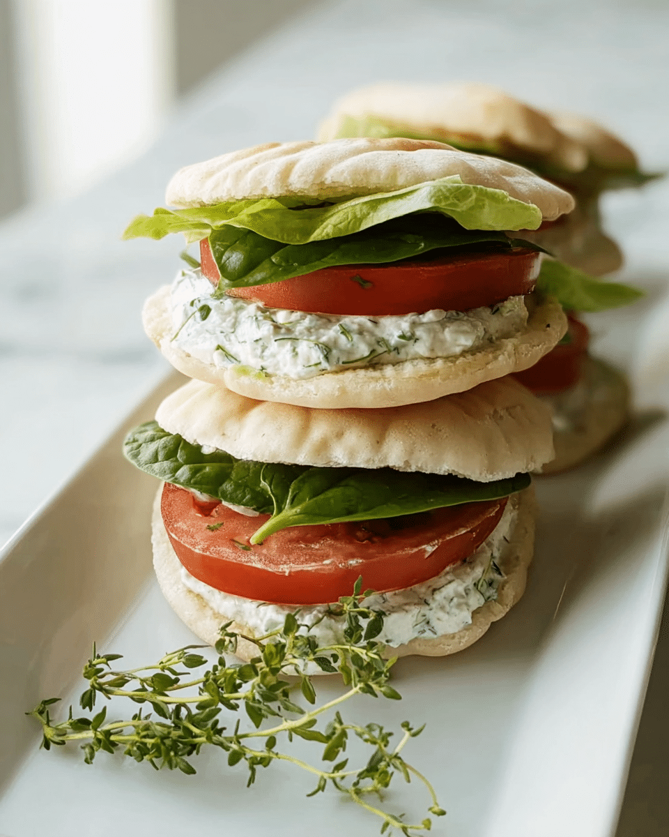 The dish shows a stack of three small pita sandwiches on a long white plate placed on a white marbled surface. Each sandwich has a beige, soft, and slightly puffy pita bread as the base and top layer. Inside the bottom sandwich, there is a large, crisp green lettuce leaf, a thick round red tomato slice, and a creamy white spread with green herbs. The middle sandwich has a similar filling but with a smaller lettuce leaf. The top sandwich differs by having dark green fresh spinach leaves under the tomato slice and the same creamy white herb spread. A small sprig of fresh green herbs lies next to the sandwiches on the plate. The light is soft and natural, highlighting the freshness of the ingredients. photo taken with an iphone --ar 4:5 --v 7