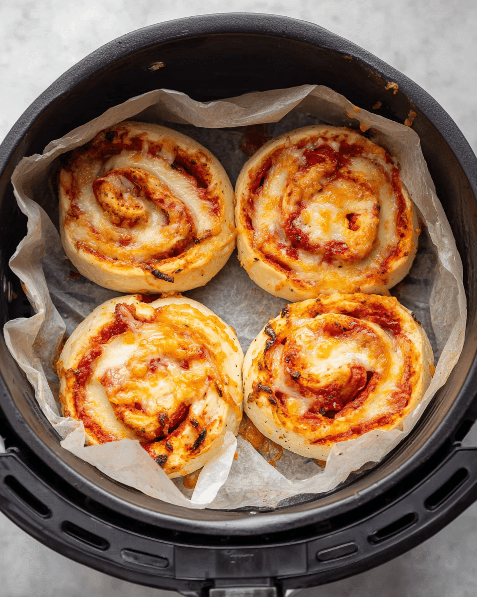 Four pizza rolls with visible layers of light golden dough swirled around melted orange-yellow cheese and bright red tomato sauce, placed inside a round black air fryer basket lined with white parchment paper. Each roll shows a spiral pattern where the sauce and cheese blend into the soft dough, with some areas slightly browned from baking. The texture looks soft and fluffy with a gooey cheese tops. The photo is taken from above on a white marbled texture. photo taken with an iphone --ar 4:5 --v 7