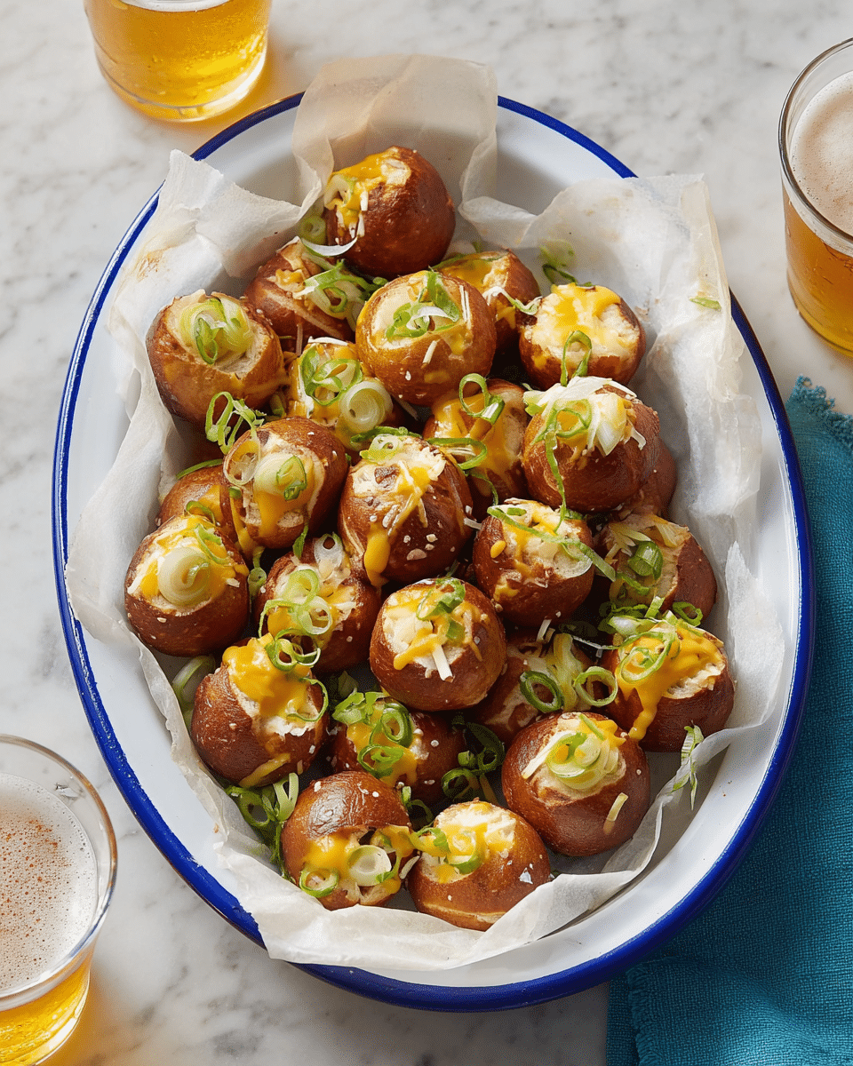 The image shows a white enamel dish with a blue rim, lined with white parchment paper, filled with many small round pretzel bites. Each pretzel bite is hollowed out and filled with a creamy light beige cheese mixture, topped with melted yellow cheddar cheese drizzles. Thin slices of green onion are scattered both on top of the pretzel bites and around them inside the dish. The whole dish sits on a white marbled surface with two glasses of beer nearby, one partially visible. photo taken with an iphone --ar 4:5 --v 7