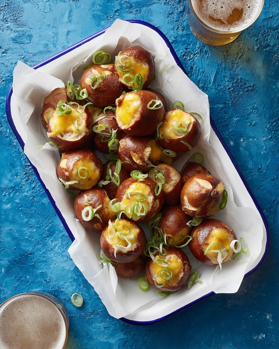 The image shows a white tray with a blue rim, lined with white parchment paper, filled with about fifteen small round pretzel bites. Each pretzel bite has a deep brown, shiny crust with a slightly darker top, hollowed out and filled with a creamy, light beige cheese mixture. The cheese is topped with a small amount of melted bright yellow cheddar. Thin slices of fresh green onions are scattered both inside the pretzel bites and around them, adding a fresh green color. The tray is placed on a blue textured surface with two glasses of beer around it. photo taken with an iphone --ar 4:5 --v 7