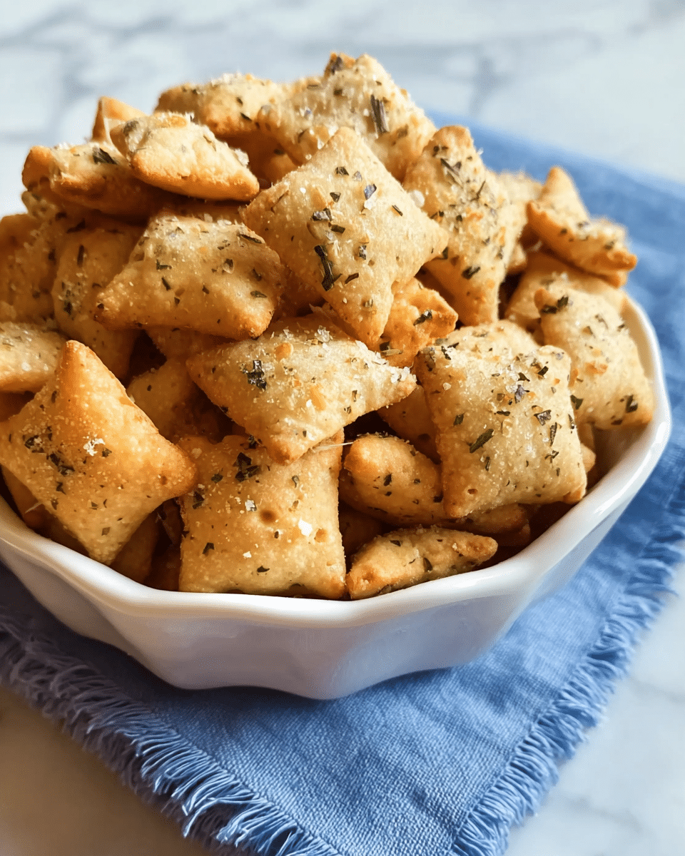 A white bowl filled with small, golden-brown crackers that have a slightly rough texture and are sprinkled with green herbs and coarse salt, creating a savory look. The crackers are piled high, some showing light browning on the edges, giving a crunchy appearance. The bowl sits on a blue cloth with fringed edges, placed on a white marbled surface in soft natural light. photo taken with an iphone --ar 4:5 --v 7