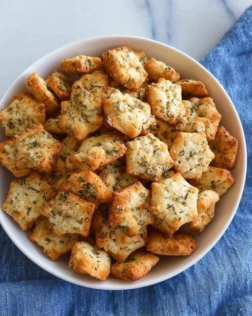 A white bowl filled with small hexagon-shaped crackers that have a golden brown and light beige color mix, each cracker appears slightly puffed with a flaky texture, sprinkled evenly with green herb flakes for garnish. The bowl sits on a white marbled surface with a blue fabric partially visible nearby, creating a cozy and fresh look. Photo taken with an iphone --ar 4:5 --v 7