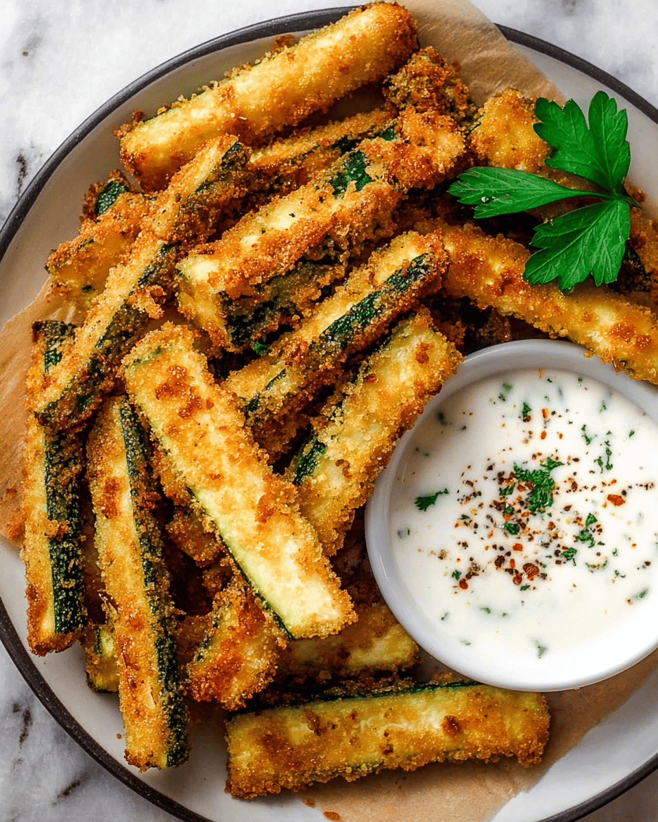 A round white plate holds many golden brown fried zucchini sticks arranged in a loose pile, showing a crispy textured coating with some green zucchini skin visible along the edges. On the right side of the plate is a small white bowl filled with creamy white dipping sauce topped with specks of black and red pepper. A green parsley leaf rests next to the sauce bowl, all set on a white marbled surface. Photo taken with an iphone --ar 4:5 --v 7