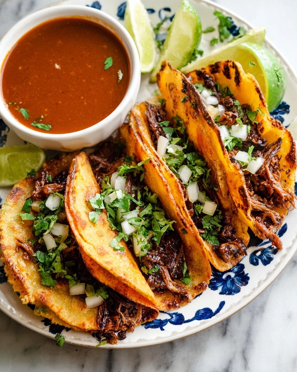 Three tacos are arranged side by side on a white plate with blue patterns, each taco folded with a golden-brown crispy shell. Inside the tacos, the filling consists of dark brown, shredded grilled meat topped with small white onion pieces and bright green cilantro leaves scattered on top. Next to the tacos on the plate is a white bowl filled with a smooth reddish-brown sauce garnished lightly with cilantro leaves. Lime wedges with a light green color are placed around the plate. The whole setup is on a white marbled surface. Photo taken with an iphone --ar 4:5 --v 7