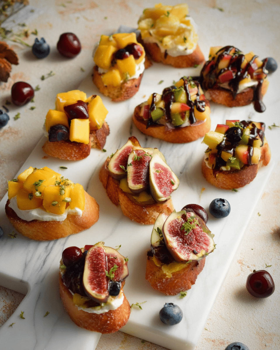The image shows a white rectangular serving board with nine small toasted bread slices as the base, each topped with different colorful fruit and creamy layers. Some slices have a smooth white cream layer topped with bright yellow mango chunks and dark red grape halves. Other slices have a cream layer with fresh fig halves and small dark blueberries. There are also slices with mixed diced fruits like apples and kiwi, drizzled with dark chocolate sauce on top. The bread is golden brown and slightly crunchy. Small green herb leaves are sprinkled lightly over the fruits. The board is placed on a white marbled surface, and there are scattered blueberries and cherries around the board. Photo taken with an iphone --ar 4:5 --v 7