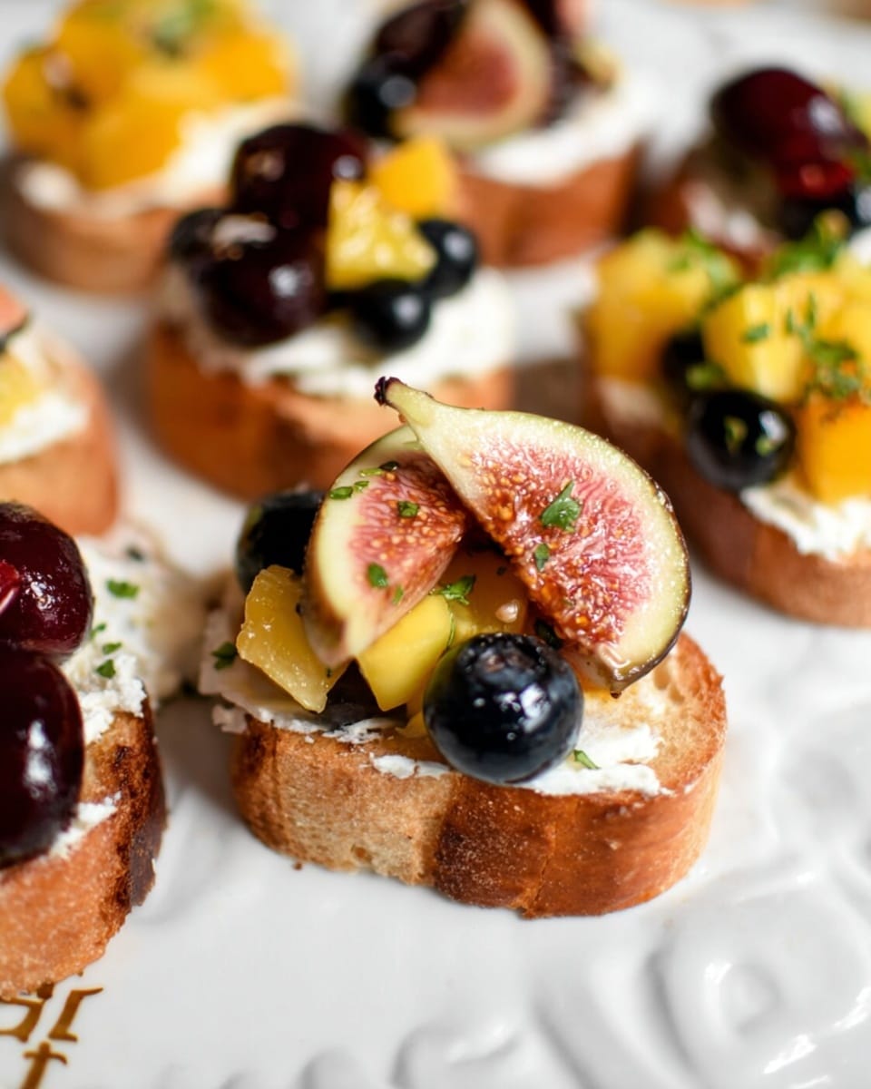 The image shows several small pieces of toasted bread layered with a creamy white spread on a white plate with some text design. On top of the spread, there are fresh fruit toppings: one piece has sliced figs with soft pink and light green colors along with dark blue blueberries scattered around it. Other pieces have yellow mango chunks with dark red cherries and some green fresh herbs sprinkled over them. The bread has a crunchy texture and golden brown color. The background is a white marbled surface. photo taken with an iphone --ar 4:5 --v 7