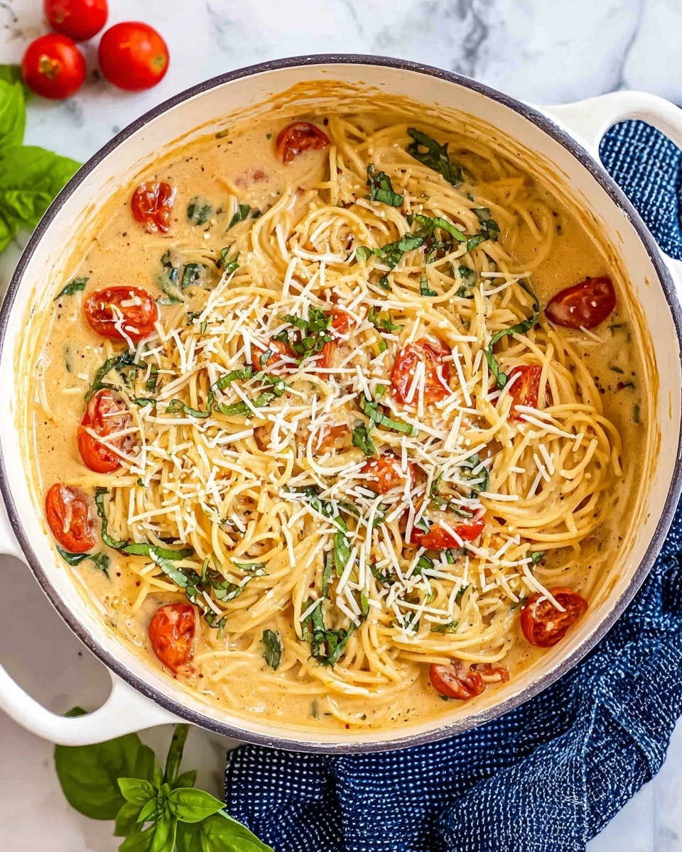 A white pot filled with creamy spaghetti pasta, showing three main layers: the bottom layer is a thick beige creamy sauce, the middle layer has long light yellow spaghetti noodles mixed with bright red cherry tomato halves, and the top layer is sprinkled with shredded white cheese and small pieces of fresh green basil. The pot sits on a blue cloth on a white marbled surface, and some whole basil leaves and cherry tomatoes are visible near the pot edges. Photo taken with an iphone --ar 4:5 --v 7