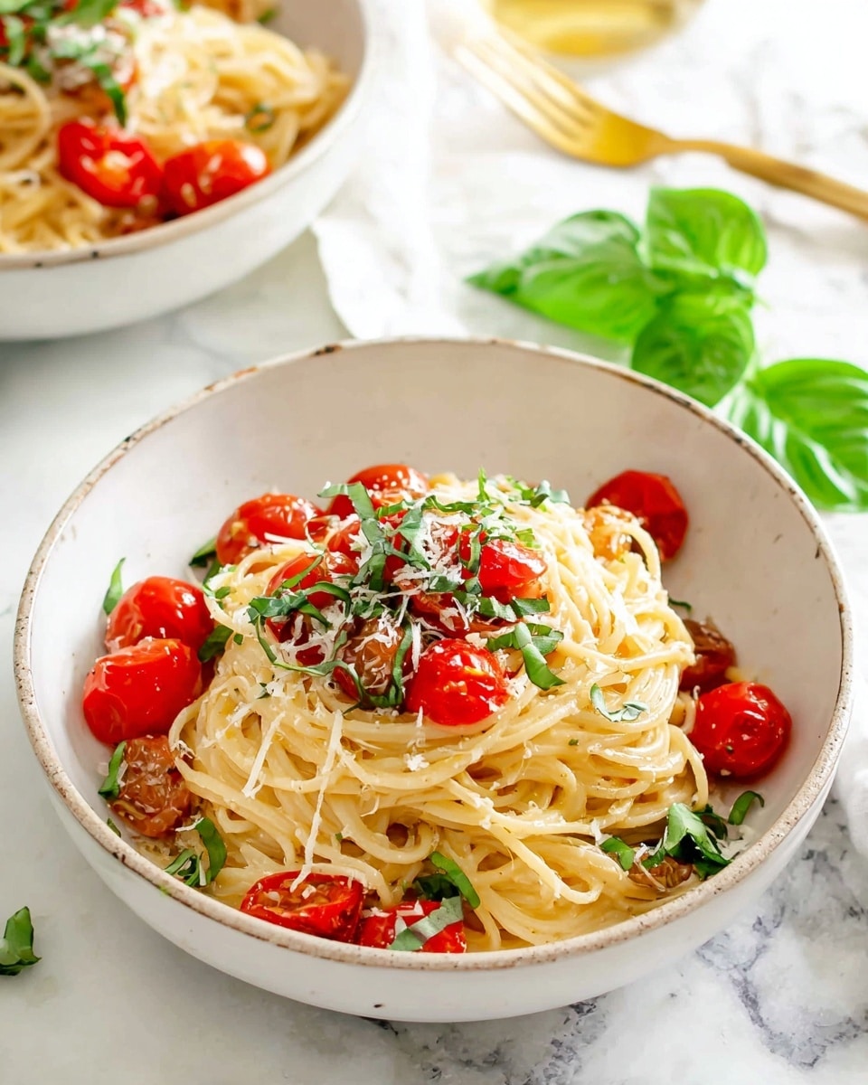 A white bowl filled with a stack of light golden spaghetti noodles topped with bright red cherry tomatoes, some whole and some halved, scattered evenly. The spaghetti is sprinkled with finely shredded white cheese and thin strips of fresh dark green basil leaves, creating a layered contrast. The dish looks fresh and colorful with a rustic feel, set against a white marbled surface with a few green basil leaves placed nearby. Another white bowl of the same dish is partially visible in the background along with a golden fork close to it. photo taken with an iphone --ar 4:5 --v 7