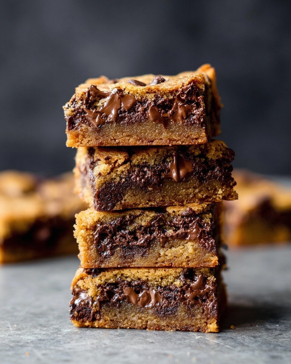 A stack of four chocolate chip cookie bars, each layer showing a dense, golden-brown cookie base with rich, melted dark chocolate chunks spread unevenly inside. The top layer has a slightly crisp, light golden surface with gooey chocolate oozing out in small pockets, while the inner texture looks soft and chewy with visible chocolate chips distributed throughout. The stack stands on a grey surface against a dark, blurred background. photo taken with an iphone --ar 4:5 --v 7