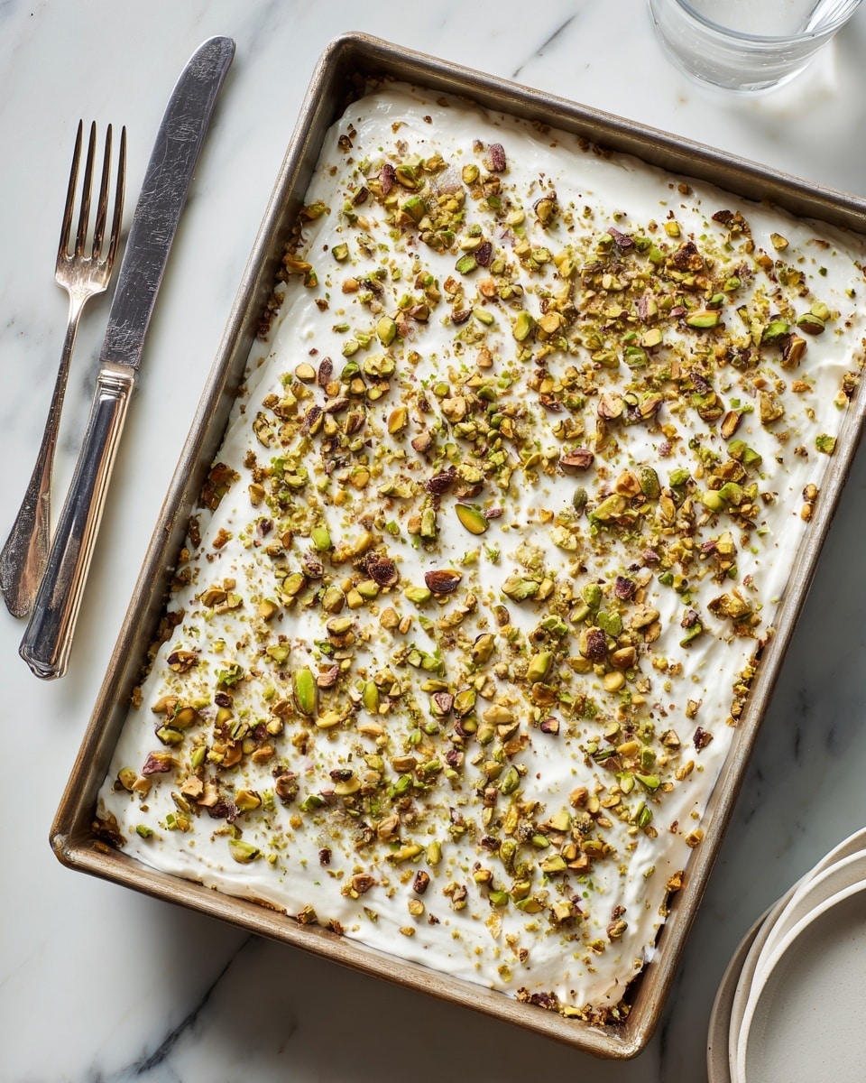 A rectangular pan is filled with a dessert that has two visible layers; the bottom layer is thick and light-colored, while the top layer is a smooth, white cream spread evenly across the surface. The cream is sprinkled generously with chopped pistachios, adding green and brown specks all over. The pan rests on a white marbled surface, with a knife and fork placed diagonally near the top left corner, and a round white plate partially visible at the bottom right. The overall look is fresh and textured, with the nut pieces creating a crunchy contrast on the soft creamy top layer. photo taken with an iphone --ar 4:5 --v 7