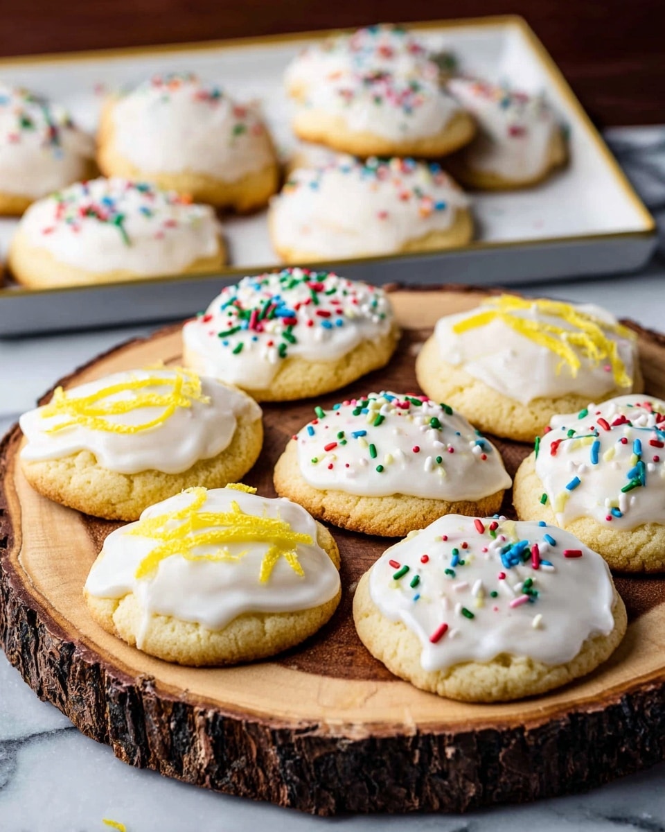 The image shows a rustic wooden round board with a rough bark edge, holding two rows of light golden round cookies, each topped with a thick layer of smooth white icing. The icing varies with some cookies decorated with small yellow strips of lemon zest and others sprinkled with colorful round sprinkles in red, green, blue, and yellow. Behind the wooden board, there is a white tray with more similarly iced cookies scattered on it. The setting rests on a white marbled texture surface. photo taken with an iphone --ar 4:5 --v 7