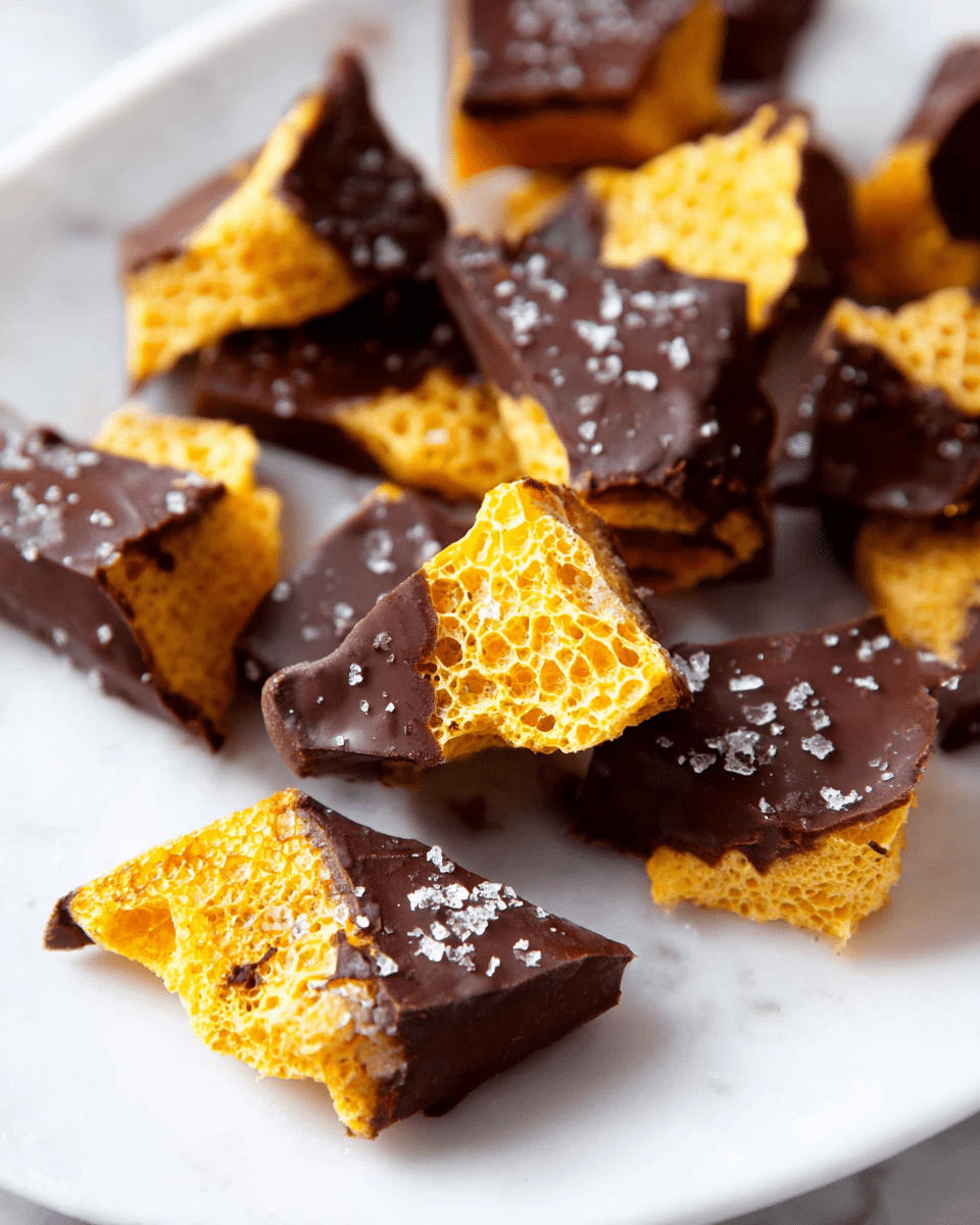 The image shows several pieces of honeycomb toffee, each broken into irregular shapes and dipped halfway in smooth, dark chocolate. The honeycomb part is bright golden yellow with a porous, airy texture, and the chocolate coating covers about half of each piece, shiny and slightly sprinkled with small white salt flakes. The pieces are scattered loosely on a white plate with a clean white marbled surface visible beneath. The contrast between the bright honeycomb and the dark chocolate makes the treat look rich and crunchy photo taken with an iphone --ar 4:5 --v 7