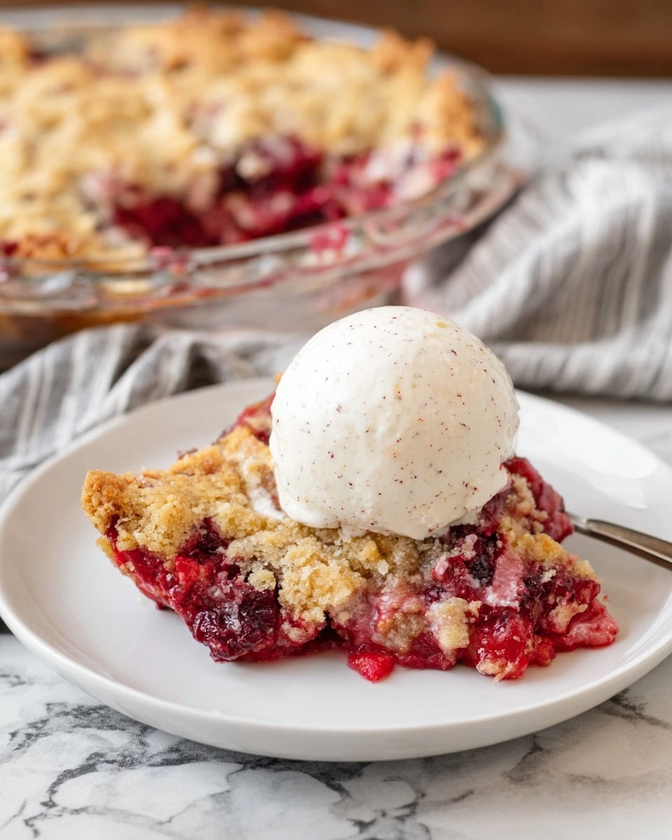 A close-up of a slice of berry cobbler on a white plate, topped with a smooth, creamy scoop of vanilla ice cream dotted with small vanilla bean specks. The cobbler slice has a golden, crumbly crust on top, with visible bright red berries and soft, textured fruit filling beneath it. In the background, a clear glass pie dish holds the rest of the cobbler, showing the same golden crust and berry filling inside. The dish is placed on a white marbled textured surface with a faintly striped cloth nearby. Photo taken with an iphone --ar 4:5 --v 7