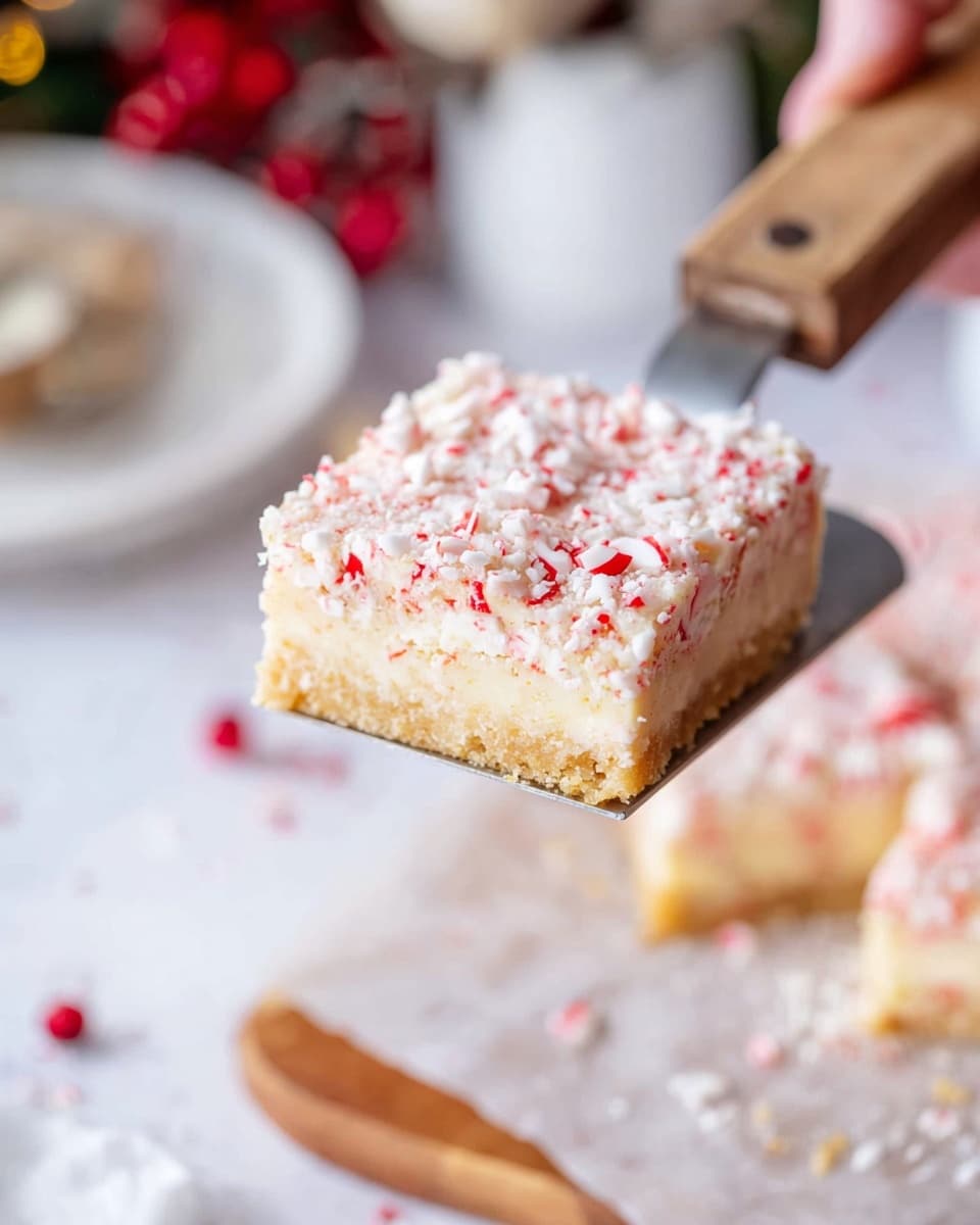 A close-up view of a square dessert bar held by a woman's hand using a metal spatula with a wooden handle, showing three distinct layers: a light golden bottom crust, a middle creamy pale layer, and a top layer covered with finely crushed white and pink peppermint pieces creating a textured surface; the background has a white marbled texture with blurred elements including a white plate and scattered red berries. Photo taken with an iphone --ar 4:5 --v 7