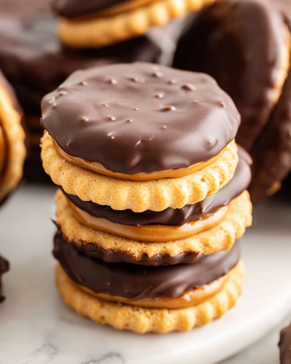 The image shows several round chocolate-covered treats arranged in rows on white parchment paper on a baking tray. Each treat has two visible layers, with a smooth, shiny dark brown chocolate coating covering the entire outside. The treats are thick, with a slightly uneven but clean edge where the chocolate meets the bottom layer. One treat near the back has a small bite taken out of it, revealing a lighter, creamy filling inside. The baking tray rests on a white marbled surface with a striped cloth partially visible at the lower right corner. photo taken with an iphone --ar 4:5 --v 7