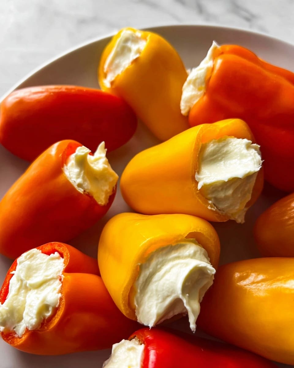 The image shows a close-up of small stuffed peppers arranged on a white plate. The peppers come in three colors: red, orange, and yellow, and each is filled with a creamy white filling that is smooth with slight swirls and peaks on the top. The peppers are cut in half lengthwise, exposing the creamy interior that fills most of each pepper cavity. The peppers have a shiny, smooth outer skin with a firm texture. The scene is set on a white marbled surface that contrasts with the vibrant colors of the peppers. photo taken with an iphone --ar 4:5 --v 7