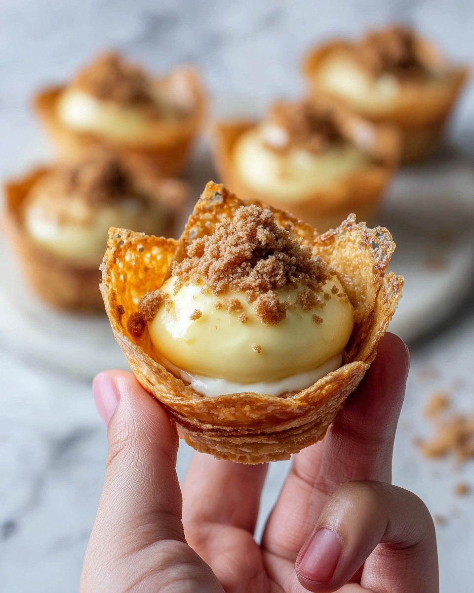 The image shows a woman's hand holding a small dessert made of thin, crispy golden layers shaped like a cup, filled with a creamy pale yellow layer and topped with a crumbly brown layer that looks crunchy. The background has a soft focus with a white marbled texture, and there are more similar desserts slightly blurred in the background. Photo taken with an iphone --ar 4:5 --v 7