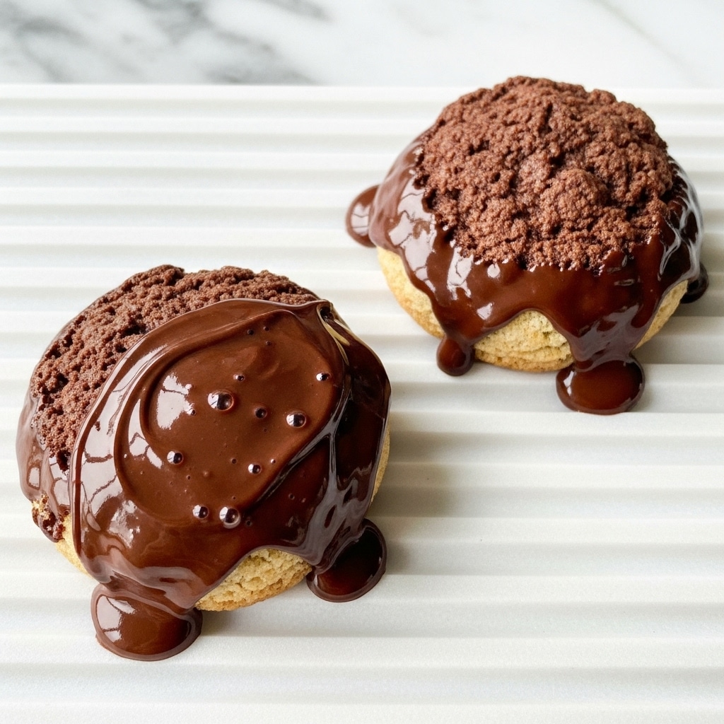 The image shows two chocolate-covered cookies placed on a white marbled ridged surface. Each cookie has a rough, uneven top layer covered with a thick, shiny chocolate coating that drips down onto the base. The chocolate appears smooth and glossy with some small air bubbles and slight ripples on the surface, giving a rich and creamy texture. The cookies underneath are barely visible through the chocolate, suggesting a solid and somewhat rounded shape. The overall look is indulgent and melted, focusing on the thick spread of chocolate over the cookies. Photo taken with an iphone --ar 4:5 --v 7