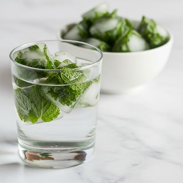 A clear glass filled with water and several large ice cubes that have green herbs frozen inside them, floating near the top of the glass. Behind the glass, there is a white bowl holding more of these herb ice cubes. The scene sits on a white marbled textured surface, giving a clean and fresh look to the simple setup. Photo taken with an iphone --ar 4:5 --v 7