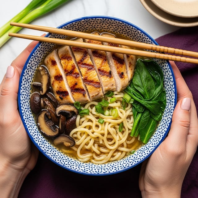 A white bowl with blue patterns holds a clear broth soup with curly light yellow noodles at the center. On top are several slices of grilled golden brown chicken with grill marks, leafy dark green spinach scattered evenly, and chunks of dark brown mushrooms with beige insides around the edges. The bowl is held by a woman’s hands with light skin and pale pink nails. The bowl rests on a dark purple cloth, with light brown wooden chopsticks placed above. A white marbled surface is the background, with a couple of green onion stalks lying nearby and an empty light brown bowl visible at the top right. Photo taken with an iphone --ar 4:5 --v 7