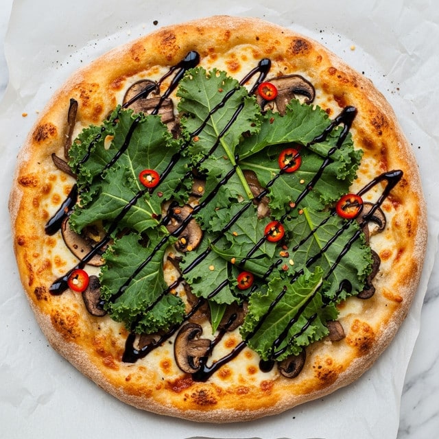 A round pizza with a golden-brown crust sits on a white marbled surface covered by parchment paper. The bottom layer is a lightly browned cheese base with melted, slightly bubbly mozzarella unevenly spread. On top of the cheese are cooked, dark brown mushroom slices scattered across the pizza. Fresh green kale leaves are placed over the mushrooms, covering most of the pizza in a casual way. Dark balsamic glaze is drizzled in thin stripes all over the top, adding a shiny contrast. There are also small red chili flakes sprinkled across the surface for a touch of color and texture. The crust is thick and rustic, slightly blistered with a dusting of flour. Photo taken with an iphone --ar 4:5 --v 7
