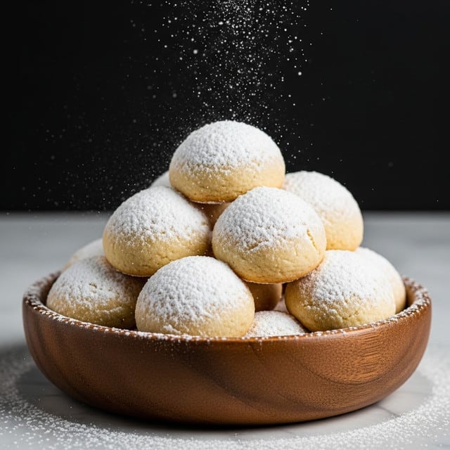 A wooden bowl filled with round cookies piled high, each cookie covered with a thick layer of white powdered sugar dusting their light golden-brown surface, with more powdered sugar falling gently from above onto the top cookies. The background is black and the surface underneath is a white marbled texture. photo taken with an iphone --ar 4:5 --v 7