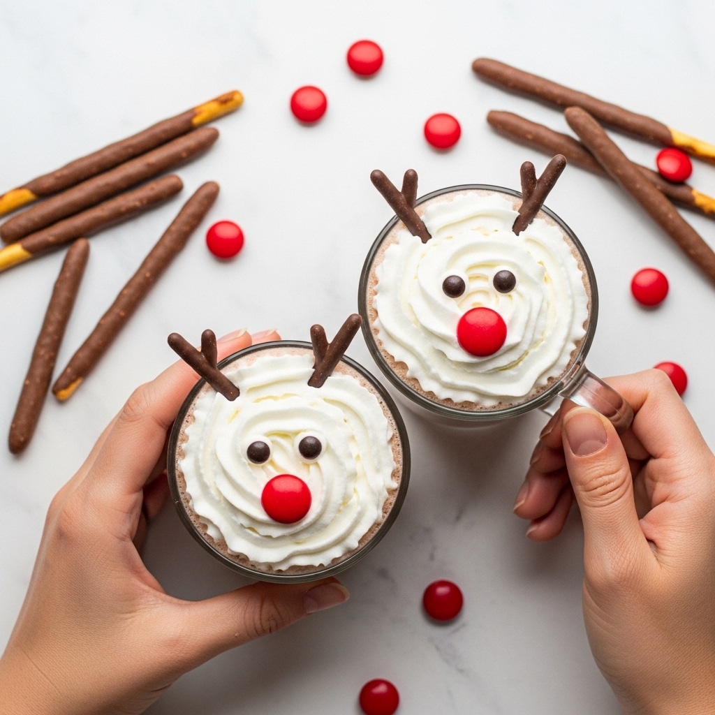 Two clear glass mugs filled with light brown hot chocolate are held by two different hands on a white marbled surface. Each mug has a thick swirl of white whipped cream on top, decorated to look like reindeer faces with two small black candy eyes, a big red round candy nose in the center, and two dark brown chocolate stick antlers sticking out from the whipped cream. Around the mugs on the white marbled surface, there are several long chocolate-covered biscuit sticks and scattered red round candies. Photo taken with an iphone --ar 4:5 --v 7