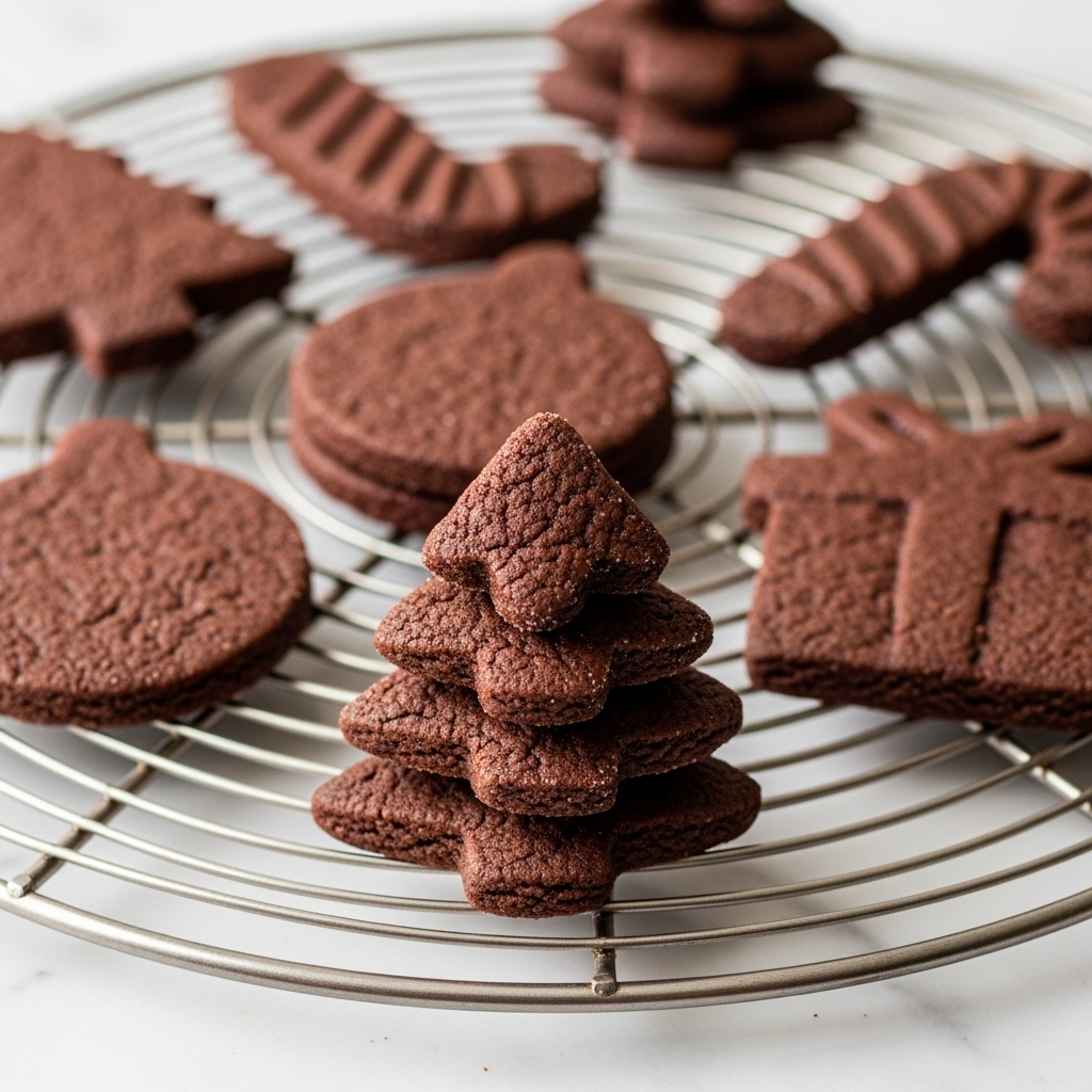 A close-up view of several thick, dark brown chocolate cookies stacked in four layers each, shaped like a Christmas tree, a candy cane, a round ornament, and a gift box, all resting on a round metal cooling rack placed on a white marbled surface. The cookies have a dense and slightly rough texture, and the focus is sharp on the tree-shaped stack in the front, with the other shapes softly blurred in the background. Photo taken with an iphone --ar 4:5 --v 7