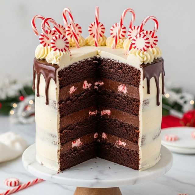 A tall layered chocolate cake is shown cut open to reveal four thick, dark brown chocolate sponge layers separated by three smooth, dark chocolate ganache layers. The outside of the cake is coated with light creamy off-white frosting that covers the entire cake and drips slightly down the sides. On top, there are several red and white striped candy canes and round peppermint candies placed on dollops of white frosting along the edge, creating a festive look. The cake sits on a white cake stand with a wooden base, all placed on a white marbled surface with blurred festive decorations in the background. photo taken with an iphone --ar 4:5 --v 7