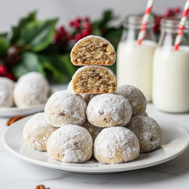 A white plate holds a small pile of round cookies covered in white powdered sugar, with a rough texture visible beneath the sugar. The cookies are stacked in a pyramid shape with six whole cookies at the base and one cookie cut in half, placed on top. The inside of the cut cookie shows a light tan color with small bits of nuts or other ingredients mixed in, giving it a crumbly texture. In the background, there are blurred decorations with green leaves and red berries, and two milk bottles with red and white striped straws. The surface beneath the plate has a white marbled texture. Photo taken with an iphone --ar 4:5 --v 7