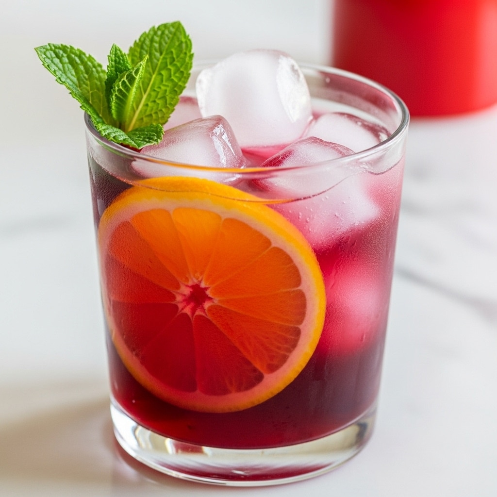 A clear glass filled with a deep reddish-purple liquid, with a large round slice of bright orange placed inside near the front of the glass. The glass is topped with several irregular white ice cubes, and a fresh, vibrant green mint leaf rests on the top edge. The glass sits on a smooth surface with a white marbled texture, and there is a red object blurred in the background to the right. Photo taken with an iphone --ar 4:5 --v 7