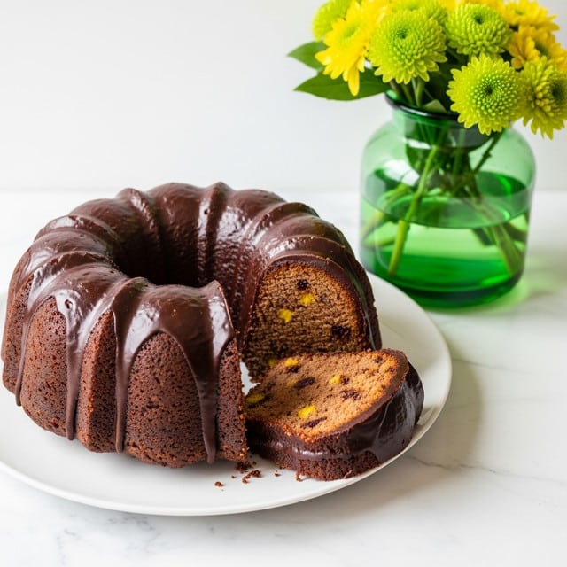 A rich chocolate glazed bundt cake is shown on a white plate, sliced into thick pieces. The outer layer is dark glossy chocolate glaze, smooth and shiny, with a slightly textured surface that catches the light. Inside, the cake has a moist, dense texture with a warm brown color, dotted with small bits of fruit or nuts that add specks of yellow and orange. The cake is round with deep ridges from the bundt shape. Next to the plate is a green glass vase holding bright yellow and green flowers, all set on a white marbled surface. photo taken with an iphone --ar 4:5 --v 7