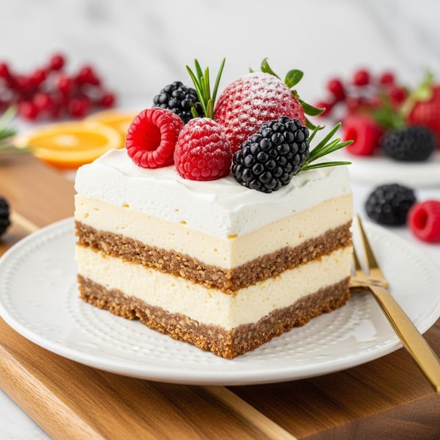 The image shows a piece of cheesecake with three layers on a white plate; the bottom layer is a dense brown crust, the middle layer is a smooth and creamy pale yellow filling, and the top layer is fluffy white whipped cream. On top of the whipped cream, there are fresh berries including bright red raspberries, a strawberry dusted with powdered sugar, and dark blackberries, along with green sprigs of rosemary adding texture and color contrast. The plate is placed on a wooden board, and the background has a white marbled texture with blurred decorations including red berries and orange slices. There is also a gold fork next to the cheesecake. photo taken with an iphone --ar 4:5 --v 7