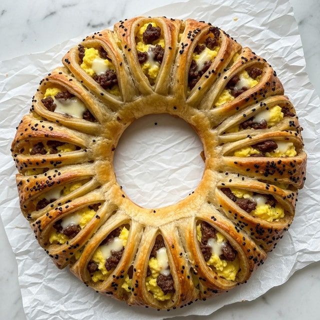 A round pastry ring with 16 triangular segments folded over a filling is shown on crumpled white paper over a white marbled surface. The outer layer is golden brown, flaky, and sprinkled with small black seeds. Inside each segment, layers of cooked scrambled eggs in pale yellow, browned bits of meat, and melted cheese in light cream color peek out. The ring has a slightly uneven texture from the filling bulging between the folded dough segments. Photo taken with an iphone --ar 4:5 --v 7