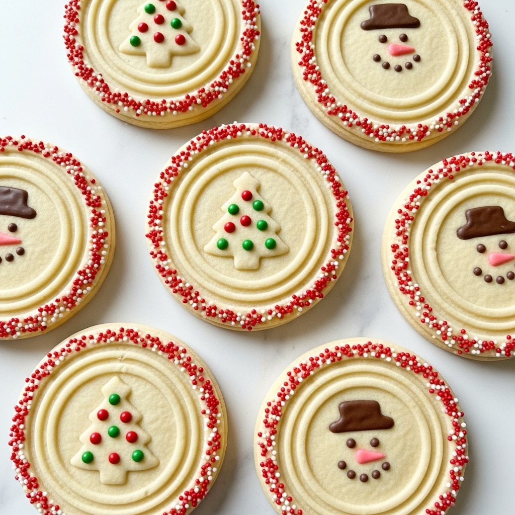 Several round sugar cookies are spread out on a white marbled surface. Each cookie has a soft, light golden base layer with a slight texture. The edges are decorated with tiny round sprinkles in red, green, or white, creating a colorful border. The center of each cookie shows a smooth, raised design featuring either a Christmas tree with green and red dots or a snowman face with brown, red, and pink accents. The designs are framed by concentric rings pressed into the dough, giving a slightly embossed look. photo taken with an iphone --ar 4:5 --v 7
