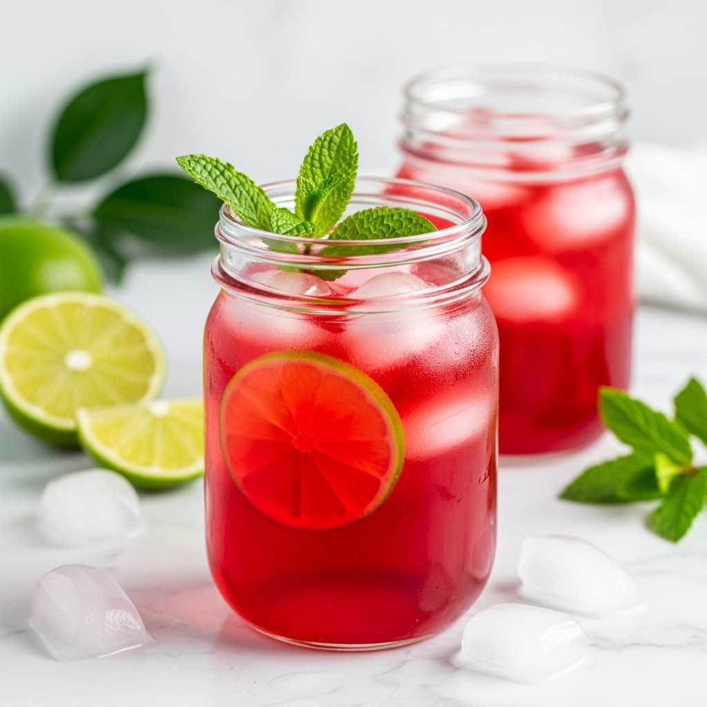 The image shows two clear glass jars filled with bright red drink and ice cubes. The jar in front has a sprig of fresh green mint leaves on top and a thin slice of lime inside near the middle. The drink looks cold and refreshing with several ice cubes floating in it. The jars sit on a white marbled surface with some ice cubes scattered around. In the background, there are lime wedges and green leaves adding a fresh touch. The setting is clean and bright with a soft white background. photo taken with an iphone --ar 4:5 --v 7
