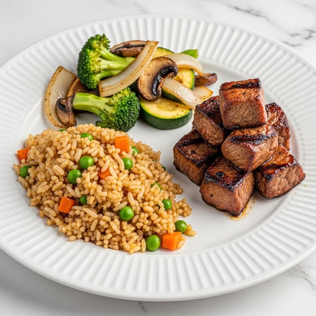 The dish features three main parts arranged on a white plate with vertical ridged edges, set on a white marbled surface. On the right side, there are small grilled meat cubes with a rich brown color, a shiny glazed texture, and some charred spots, stacked to form a small pile. To the left of the meat, there is a serving of fried rice mixed with small pieces of carrot and green peas, showing a golden-brown color and separated grains with a slightly oily surface. At the top left, a mix of sautéed vegetables including broccoli, zucchini, mushrooms, and slices of onion are arranged loosely with a light sear, showing green, white, and brown colors. Photo taken with an iphone --ar 4:5 --v 7