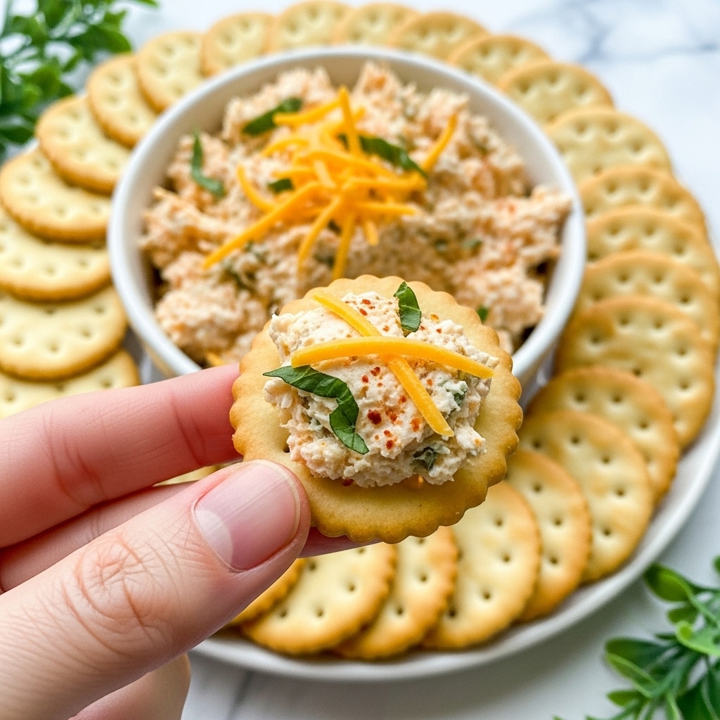 A close-up view of a round beige cracker held by a person’s fingers, topped with a creamy orange and white cheese spread mixed with small green herb pieces and shredded yellow cheese, with a hint of red spices. The cracker is in front of a white bowl filled with the same cheese mixture. The bowl sits on a white plate surrounded by more round and hexagonal beige crackers arranged in a circle. Green herb sprigs are visible at the edges on a white marbled surface. Photo taken with an iphone --ar 4:5 --v 7