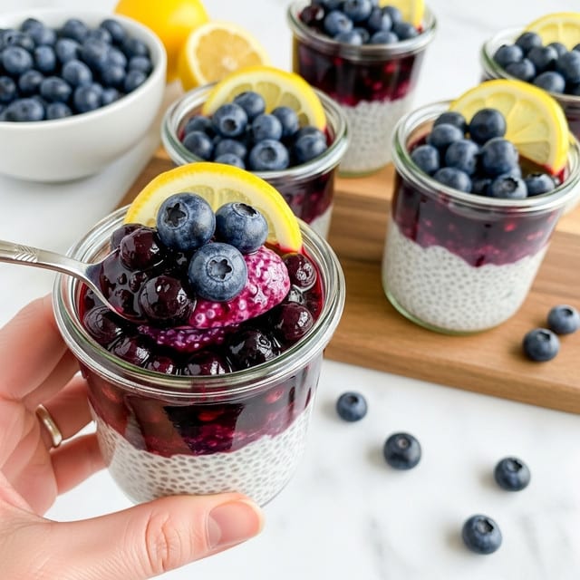 A close-up view of a glass jar held by a woman's hand containing a three-layer dessert: the bottom layer is white and creamy with a light grainy texture, the middle layer is a deep purple berry compote with whole blueberries visible, and the top layer features large fresh blueberries and a shiny dark berry sauce, with a spoon dipped inside. In the background, there are three more jars of the same dessert on a wooden board, each topped with blueberries and a thin lemon slice. A white bowl filled with fresh blueberries is partially visible at the top left, and a few lemon wedges rest on the white marbled surface beneath. Photo taken with an iphone --ar 4:5 --v 7