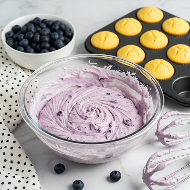 A clear glass bowl filled with thick, creamy light purple batter with small darker purple specks swirled inside, placed on a white marbled surface. To the back left, a white bowl full of fresh dark blue blueberries is visible. To the back right, a black muffin tin holds seven golden yellow mini muffins with smooth rounded tops. In front of the batter bowl, there are two loose blueberries on the surface and a pair of metal beaters coated with the same purple batter rests nearby. A white cloth with small black polka dots is partially seen on the left side. Photo taken with an iphone --ar 4:5 --v 7