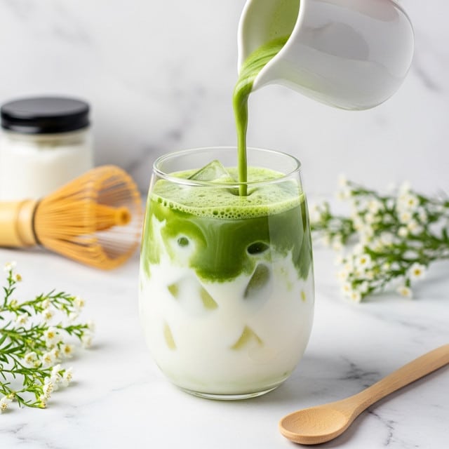 A clear glass filled with a drink showing two visible layers: a thicker white bottom layer resembling milk with irregular ice cubes and a vibrant green frothy top layer being poured in, with the green liquid flowing smoothly from a white small pitcher. The background is a soft white marbled texture with out-of-focus elements like a bamboo whisk, a small jar with a dark lid, and delicate white flowers on thin green stems around the glass. A light pale wooden spoon lies near the base of the glass, adding subtle warmth to the cool tones of the drink. photo taken with an iphone --ar 4:5 --v 7