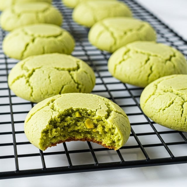 The image shows soft, light green cookies with a smooth texture, arranged in two rows on a black cooling rack. The cookie in the front is partially bitten, revealing a moist, crumbly inside with a similar green color. The cookies have a slightly rounded shape with gentle cracks on the surface. The cooling rack sits on a white marbled surface, giving a clean and fresh look. The background is softly blurred, focusing on the closest cookie. photo taken with an iphone --ar 4:5 --v 7
